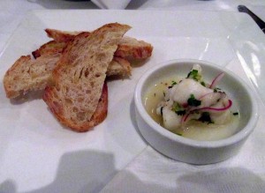 Halibut ceviche with Pugliese Toast points served with Tyrrells Vat 1 Semillon 2004
