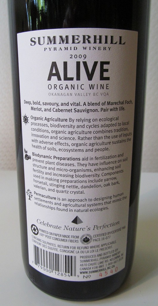 ALIVE Organic Red wine back label