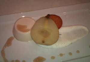 Maple panna cotta and poached Seckle pear