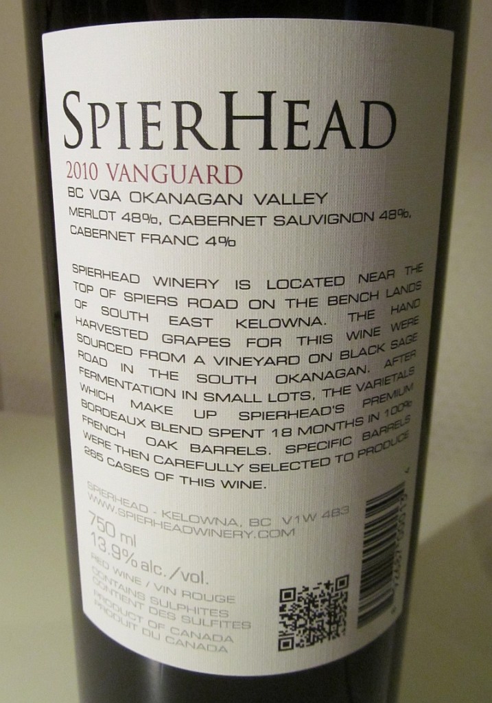 Spierhead Vanguard 2010 back label