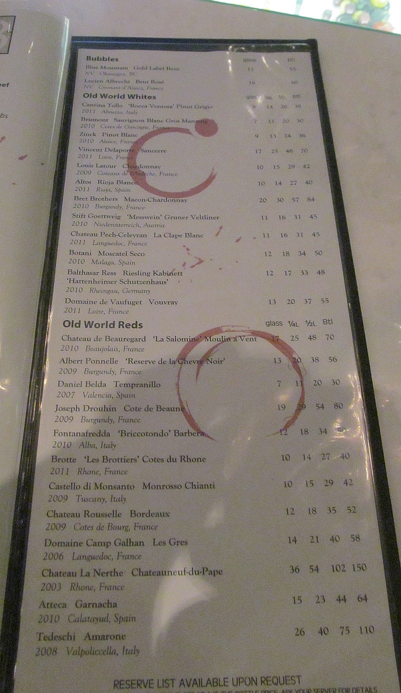 A partial list of old world red and white wines by the glass