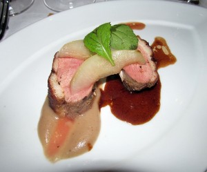 Muscovy duck breast lavender crusted with duck jus and pear puree