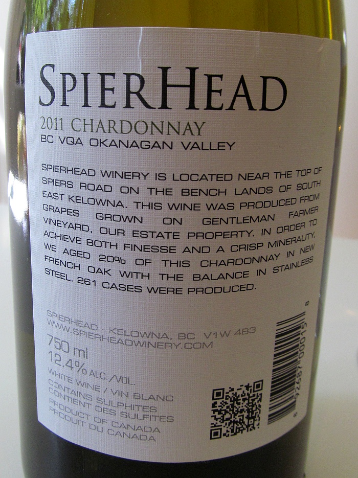 SpierHead Chardonnay 2011 back label