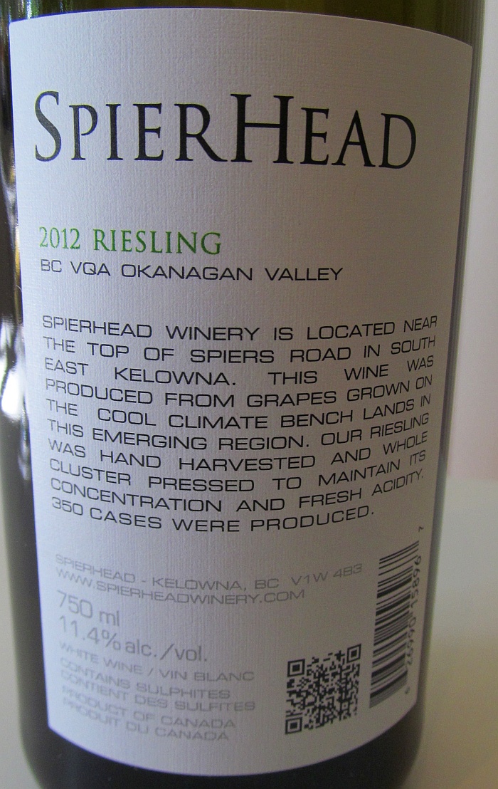 SpierHead Riesling 2012 back label