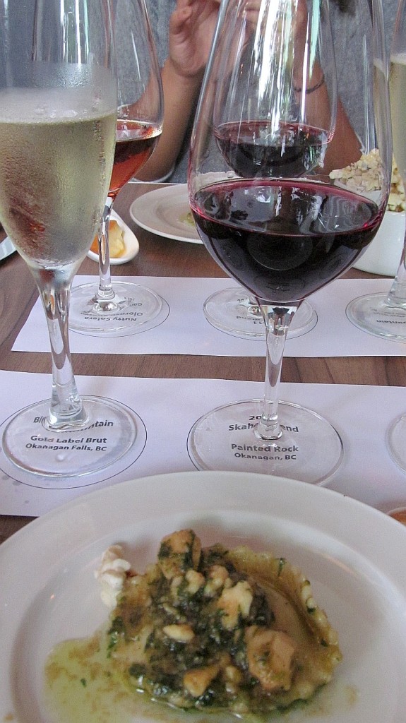 Mushroom ravioli topped with almonds paired with Painted Rock Skaha Blend