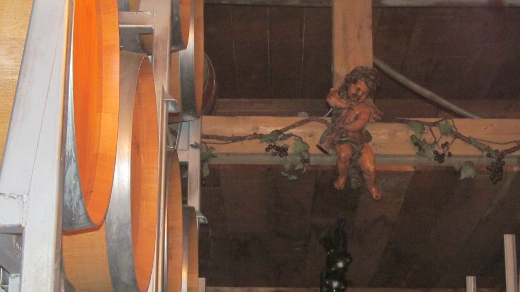 Domaine de Chaberton angel with trumpet in barrel room