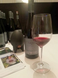 Haywire Pinot Noir 2011 with a miniature concrete egg in the background