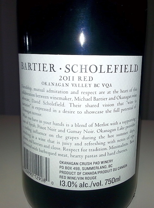 Bartier Scholefield Red 2011 back label
