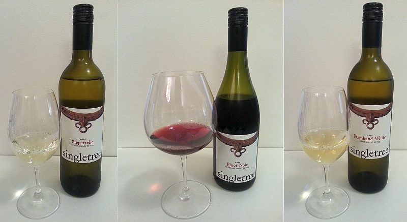 Singletree Winery Siegerrebe, Farmhand White, and Pinot Noir in glasses