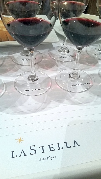 LaStella wines in glasses at an angle