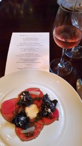 Beef Carpaccio and Quails' Gate Rose at ebo restaurant