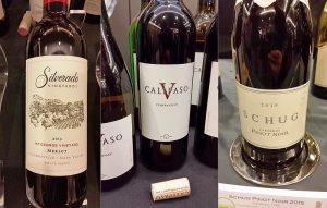 Silverado Mt. George Vineyard Merlot 2013, Schug Carneros Pinot Noir 2015, and Calipaso Tempranillo 2013