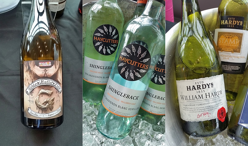 Alpha Box & Dice Winery Golden Mullet Fury, Shingleback Haycutters Sauvignon Blanc Semillon, and William Hardy Chardonnay