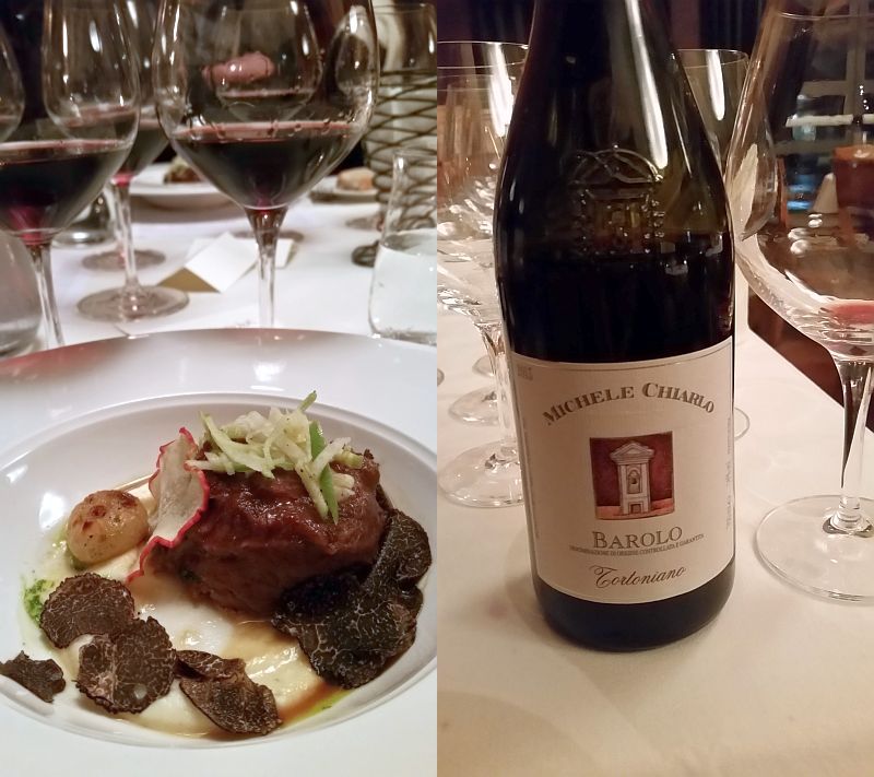Braised veal cheek with Barolo sauce and apple puree and Tortoniano Barolo DOCG