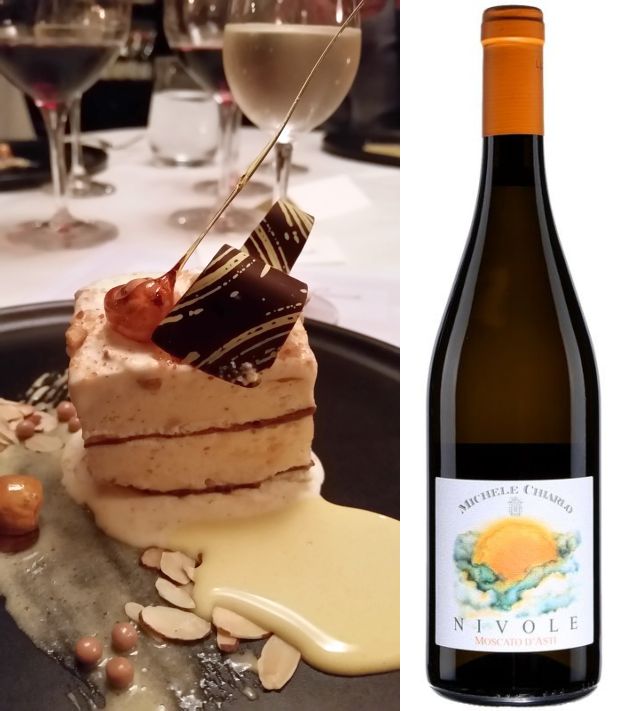 Hazelnut parfait with an almond cream and cocoa and Nivole Moscato d'Asti DOCG 2015