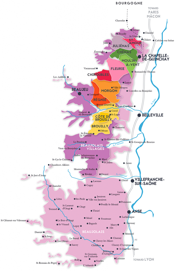 Beaujolais map showing the 10 Cru (Image courtesy https://www.winescholarguild.org/blog/beaujolais-crus-what-makes-each-crus-special-with-map.html)