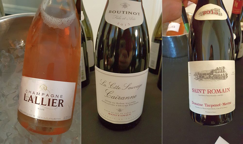 Champagne Lallier Rosé, Boutinot Wines La Cote Sauvage Carianne Cotes du Rhone Villages, and Domaine Taupenot-Merme Saint Romain wines
