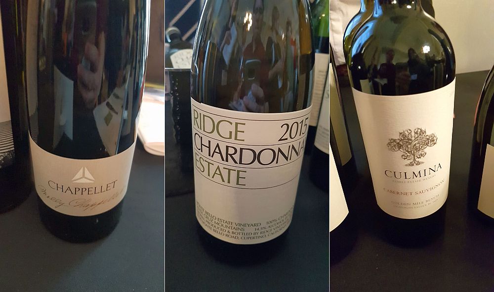 Chappellet Chenin Blanc, Ridge Vineyards Ridge Estate Chardonnay, and Culmina Family Estate Winery Cabernet Sauvignon wines