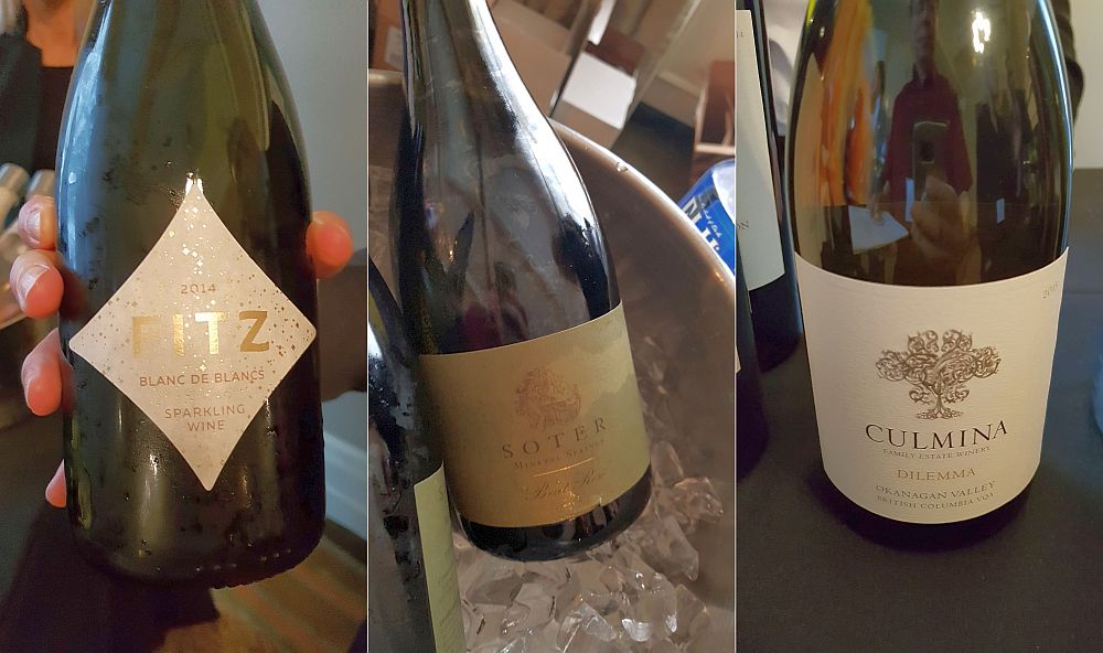 Fitzpatrick Family Vineyards Blanc de Blancs, Soter Vineyards Soter Mineral Springs Brut Rose, and Culmina Family Estate Winery Dilemma wines
