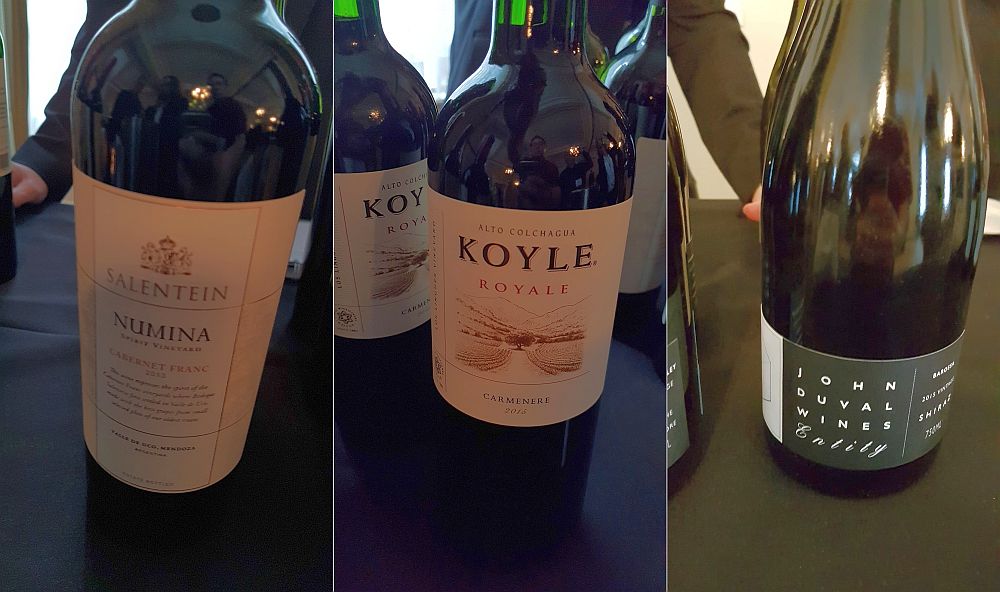 Salentein Numina Cabernet Franc, Vina Koyle Royale Carmenere, and John Duval Entity Shiraz wines