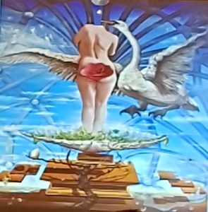 A portion of Jean-Claude Boisset's painting of his wife and wine