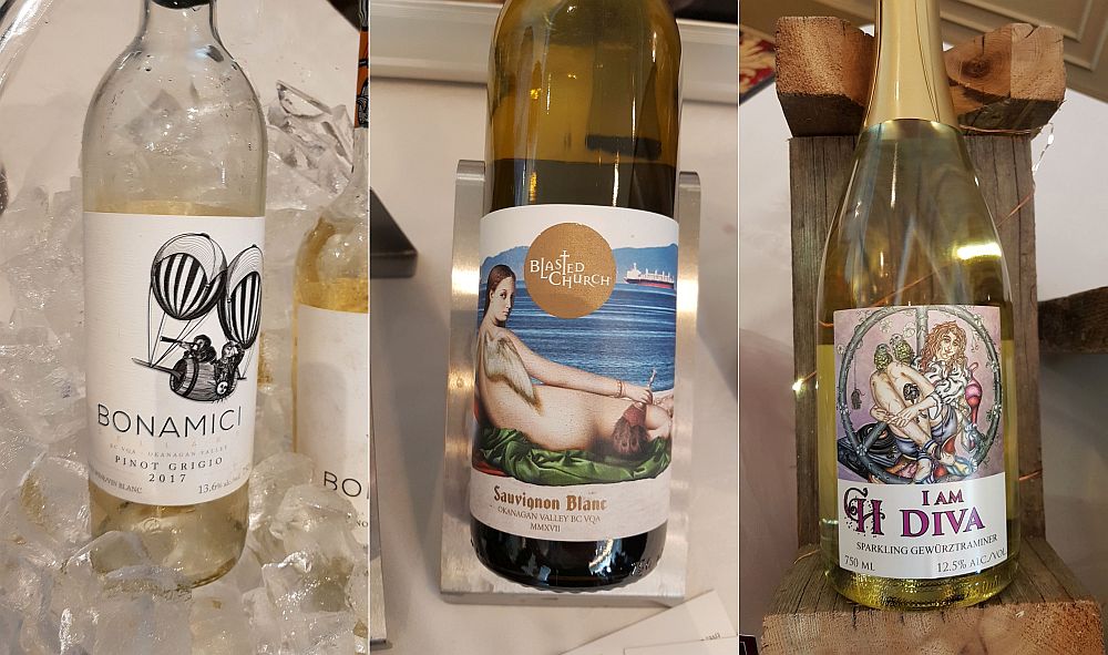 Blasted Church Vineyards Sauvignon Blanc, Bonamici Cellars Pinot Grigio, and Crescent Hill Winery I am Diva Frizzante Gewurztraminer