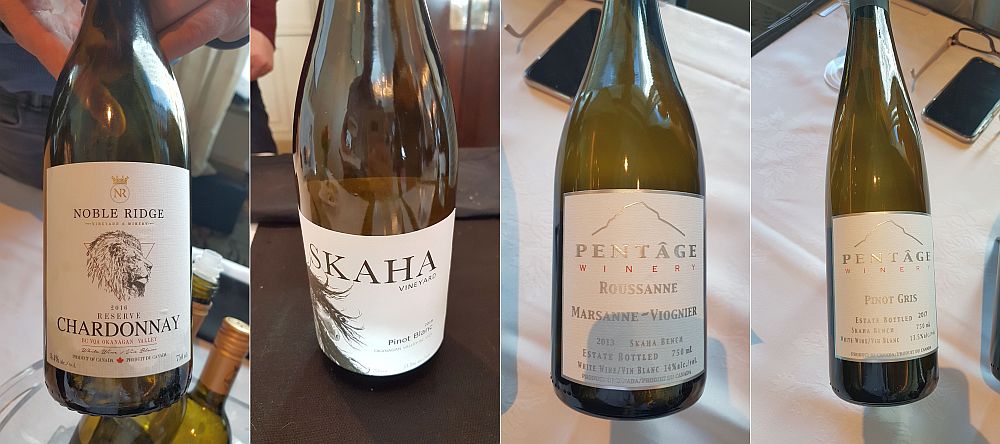 Noble Ridge Reserve Chardonnay, Skaha Vineyard Pinot Blanc, Pentage Winery Pinot Gris, and Pentage Winery Roussanne Marsanne Viognier