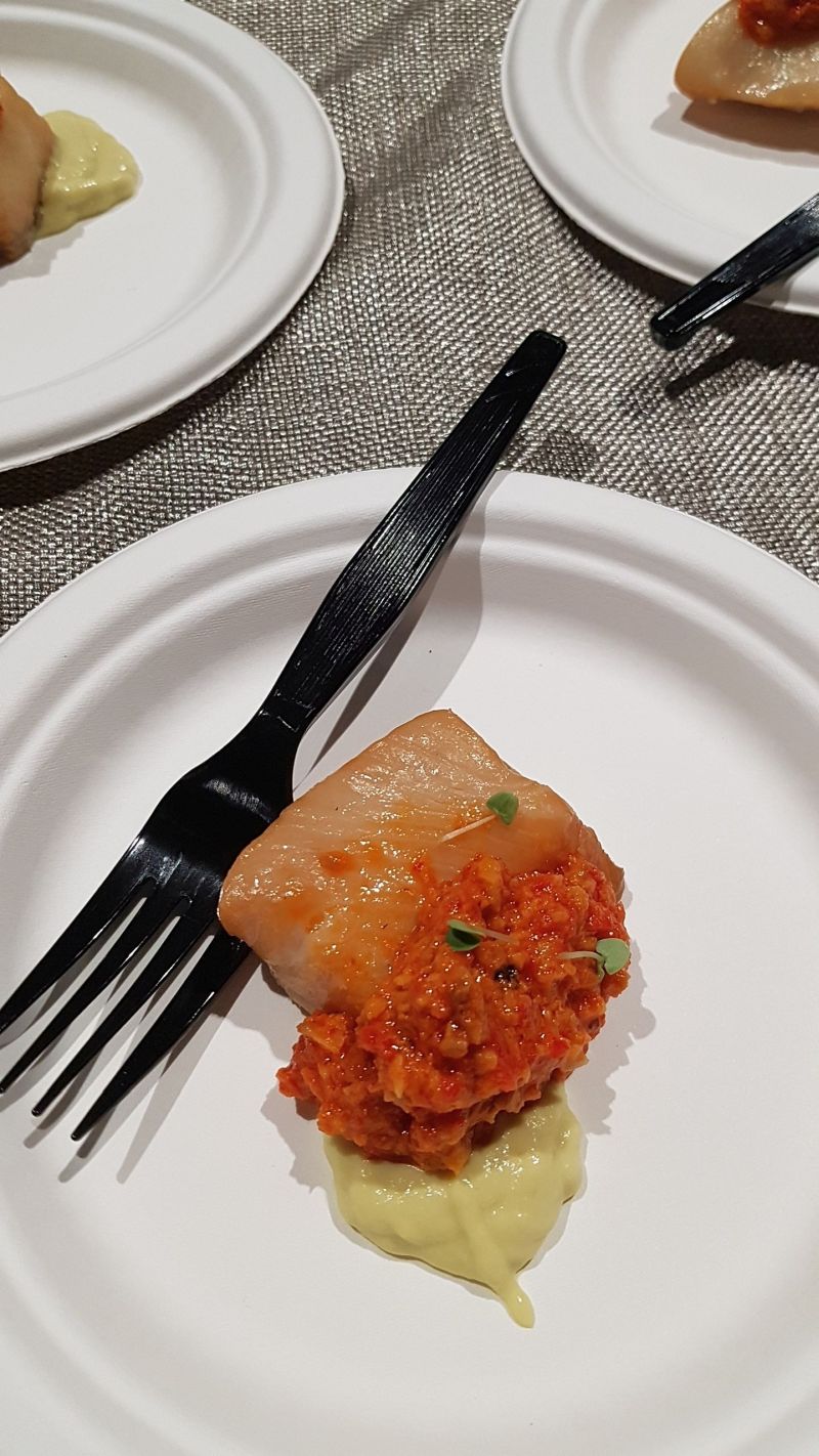 Smoked local black cod with spring onion soubise Basque chili Romesco and micro basil from Packers