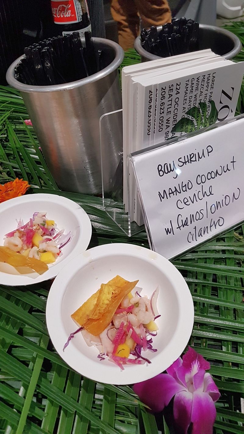 Zocalo bay shrimp ceviche with mango coconut fresnos onion and cilantro served with plantain chips