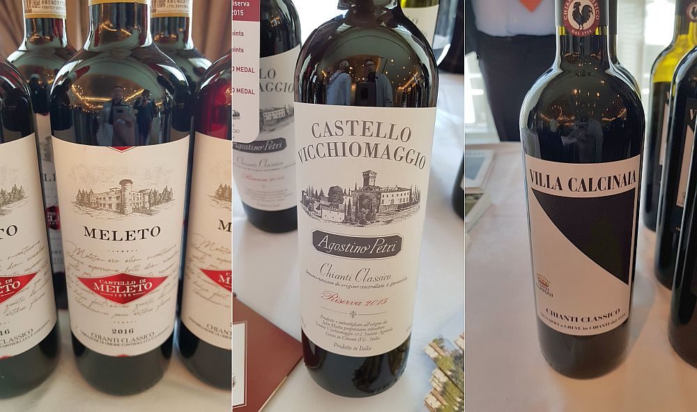 Castello di Meleto Chianti Classico DOCG 2016, Castello Vicchiomaggio Chianti Classico DOCG  Riserva Agostino Petri 2015, and Conti Capponi Chianti Classico DOCG Villa Calcinaia 2016