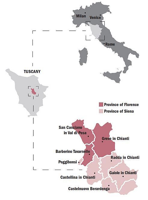 Map showing Chianti Classico DOCG area and the included communes