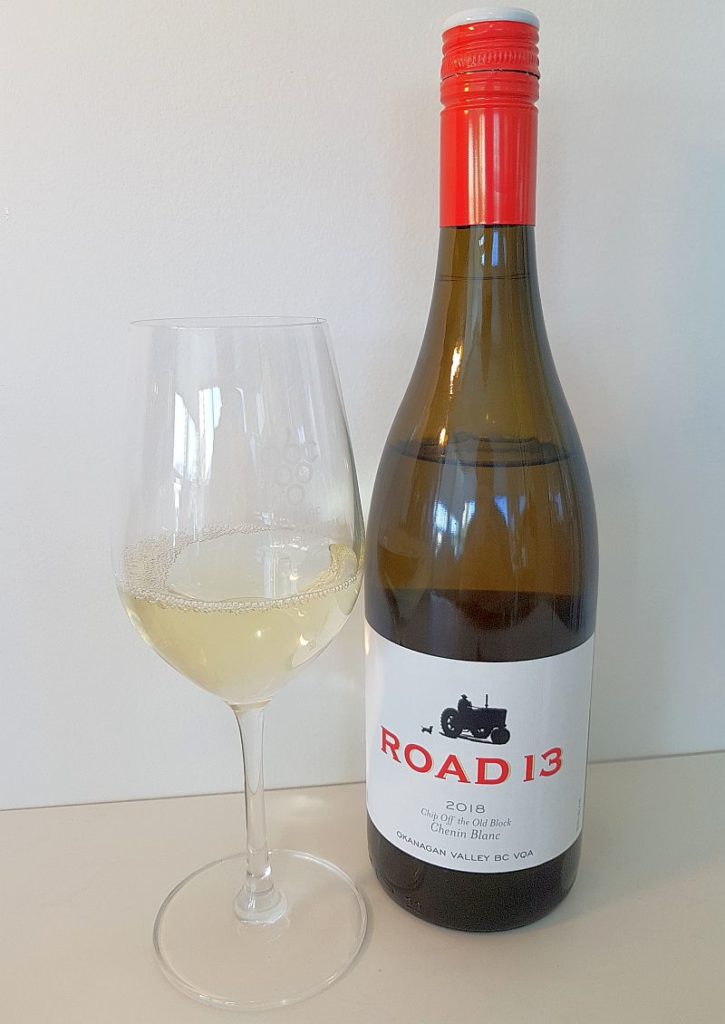 Road 13 Vineyards Chip Off the Old Block Chenin Blanc 2018 with wine in glass
