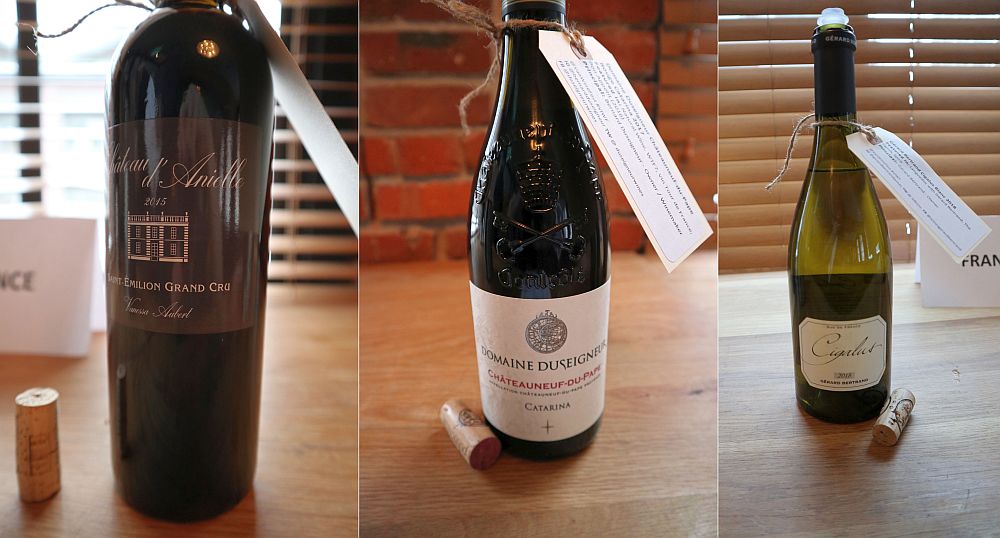 Aubert Vignobles Chateau d'Anielle Saint-Emilion Grand Cru 2015, Domaine Duseigneur Chateauneuf-du-Pape Catarina 2017, and Gerard Bertrand Cigalus Blanc 2018