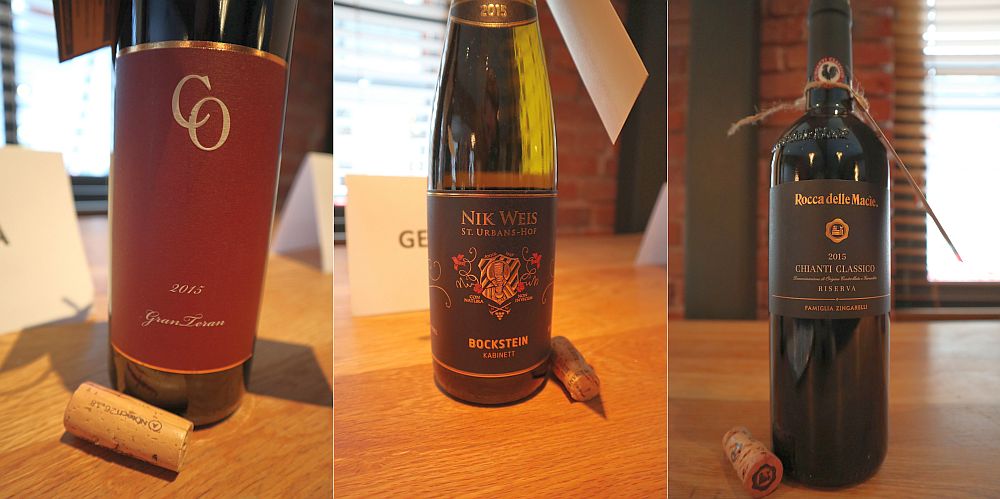 Coronica Wines Grand Teran 2015, Croatia, Weingut Nik Weis - St. Urbans-Hof Bockstein Kabinett Riesling 2015, Germany, and Rocca Delle Macie Rocca Chianti Classico Riserva DOCG 2015, Italy wines