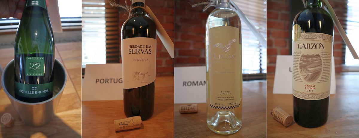 Sorelle Bronca Particella 68 Brut Prosecco Italy, Herdade das Servas Reserva Red 2013 Portugal, Liliac Feteasca Regala 2017 Romania, and Bodega Garzon Reserva Tannat 2016 Uruguay