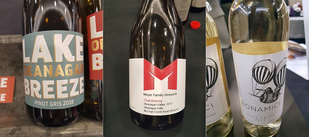 Lake Breeze Vineyards Pinot Gris 2018, Meyer Family Vineyards McLean Creek Road Chardonnay 2017, and Bonamici Cellars Pinot Grigio 2018