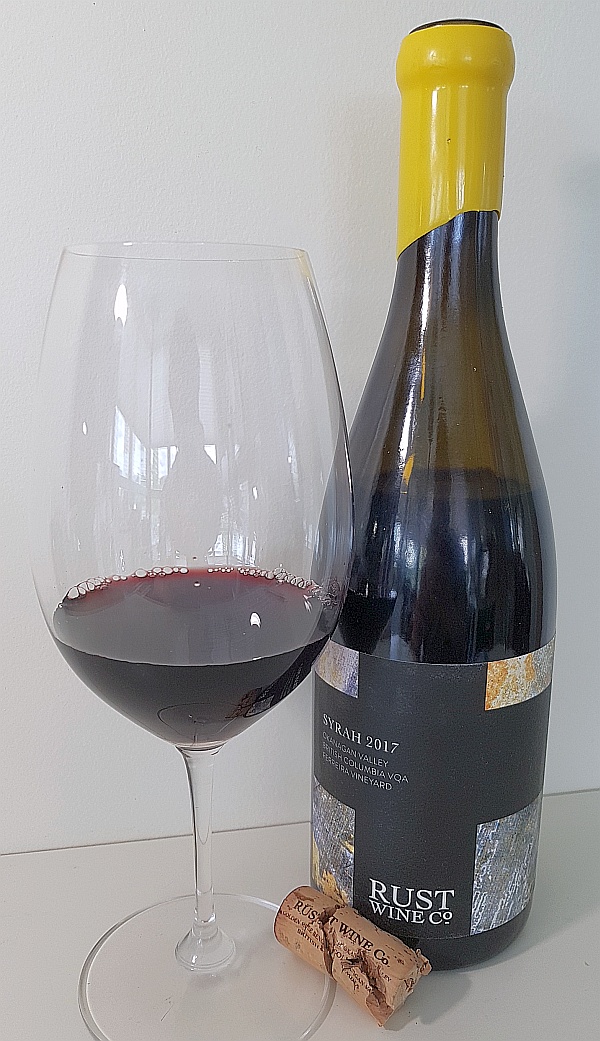 Rust Wine Co Syrah 2017, Okanagan Valley, Ferreira Vineyard with wine in glass