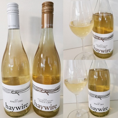 Haywire Pinot Gris 2019 and Haywire Switchback Vineyard Pinot Gris 2018 with wines in glass