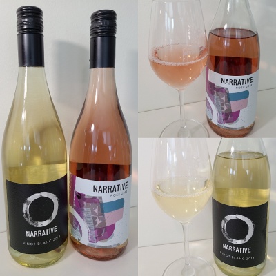 Narrative Pinot Blanc 2018 and Rose 2018 with wine in glass