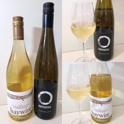 Okanagan Crush Pad's Narrative Riesling 2018 and Haywire Secrest Mountain Vineyard Chardonnay 2018 with wine in glass