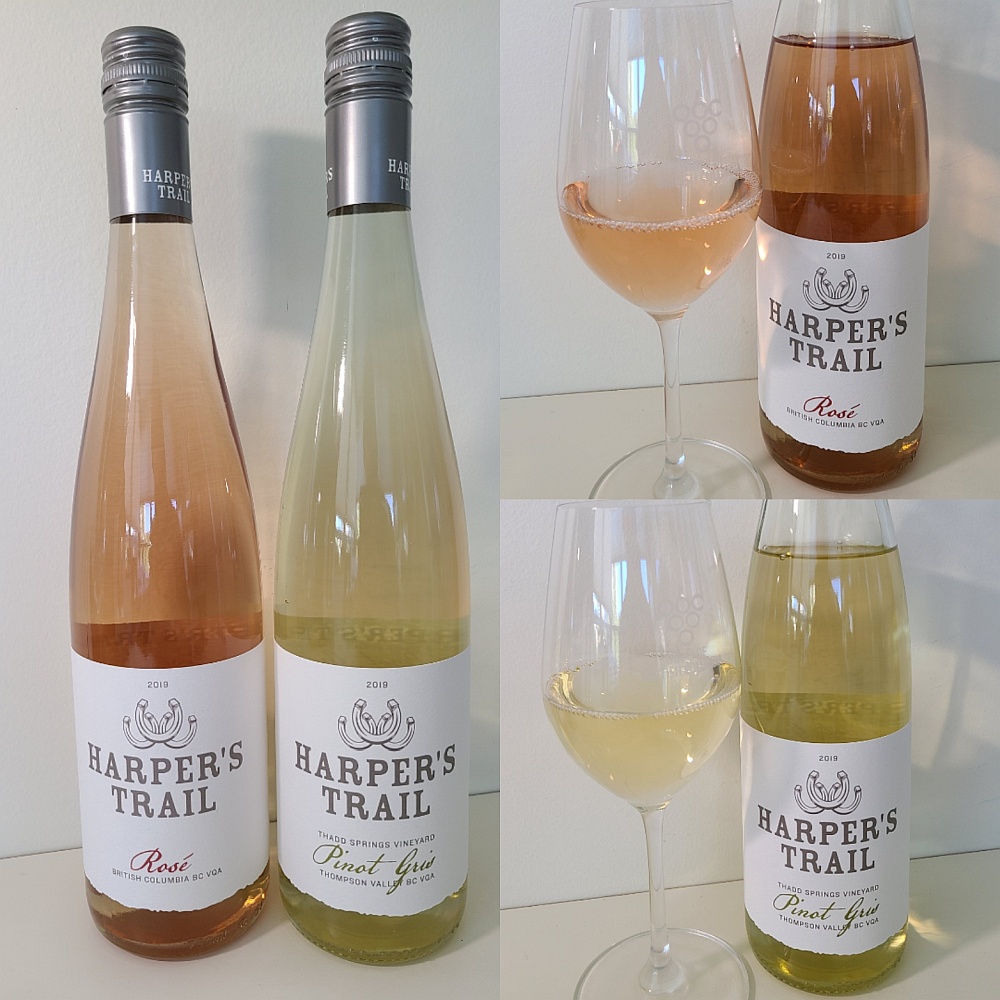 Harper's Trail Estate Winery Rosé and Pinot Gris 2019 with wines in glasses