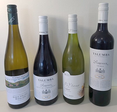 Pewsey Vale Eden Valley Riesling 2018, the Yalumba Y Series Viognier 2019, Yalumba Samuel's Collection Barossa Grenache Shiraz Mataro 2016, and the Yalumba Samuel's Collection Barossa Shiraz 2017
