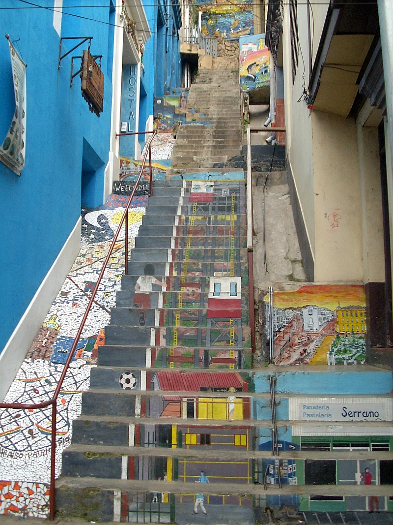 Murals painted on stairs and walls in Valparaiso