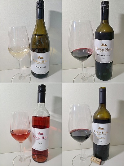 Gold Hill Chardonnay 2019, Cabernet Franc 2015 , Rose 2018, and Grand Vin 2014