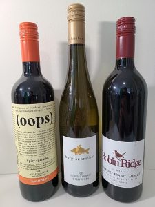 Oops Carmenere 2018, My Karp Off Dry Riesling 2018, and Robin Ridge Cabernet Franc - Merlot 2016 wines