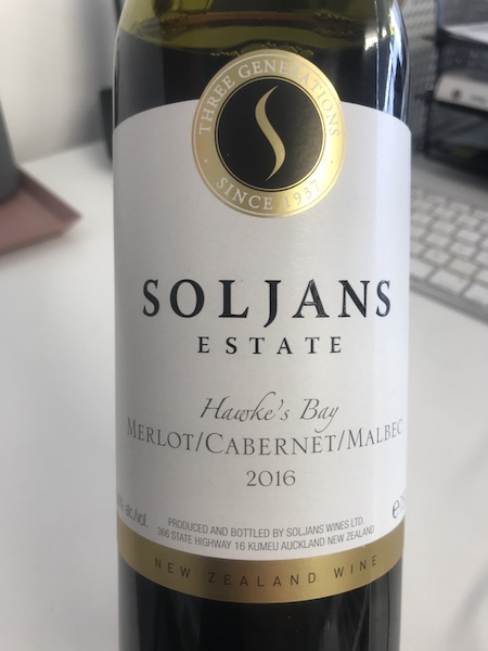 Soljans Hawke’s Bay Merlot Cabernet Malbec 2016 label