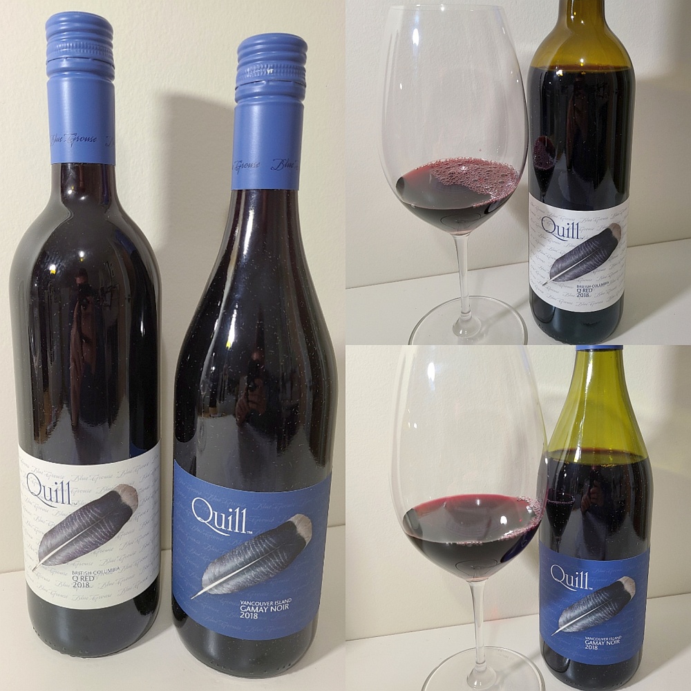 Blue Grouse Estate Winery Quill Q Red and Quill Gamay Noir 2018 with wines in glasses
