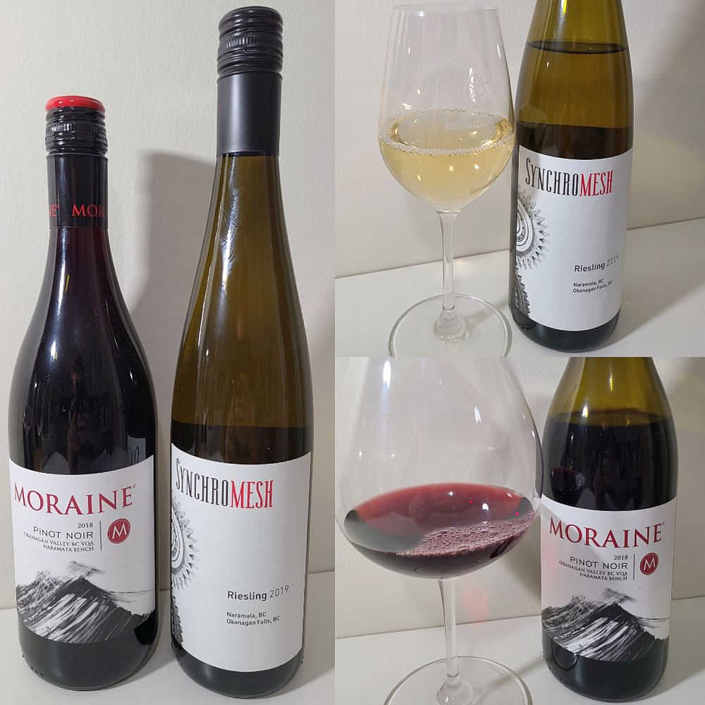 Moraine Pinot Noir 2018 and Synchromesh Riesling 2019 with wines in glasses