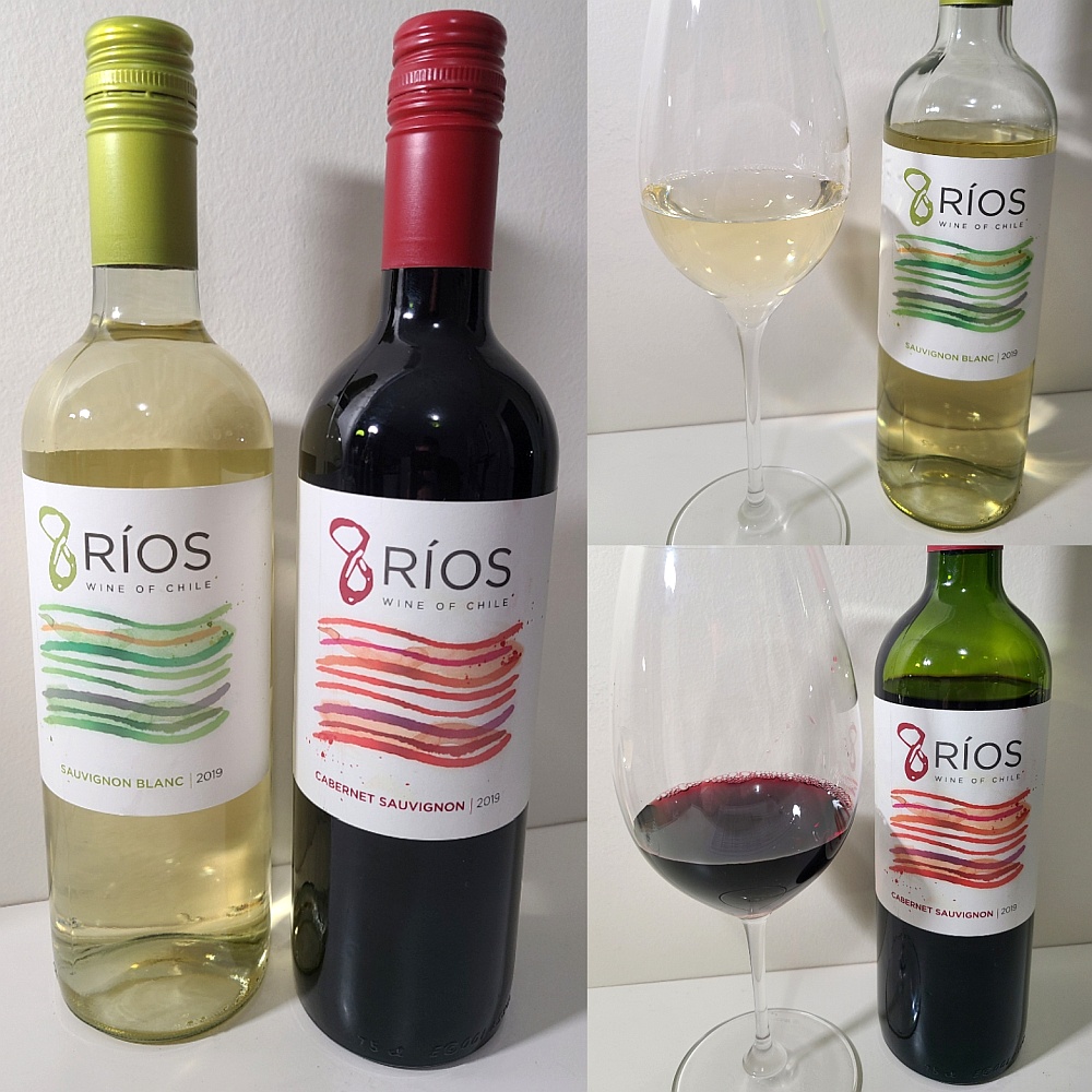 Vina Undurraga 8 Rios Sauvignon Blanc 2019 and Cabernet Sauvignon 2019 with wines in glasses