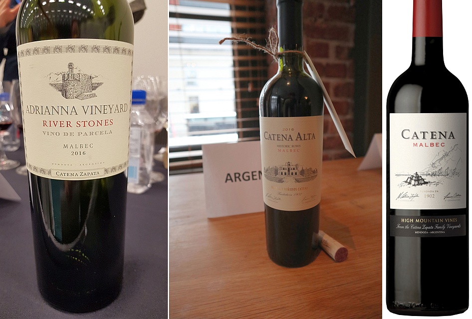 Bodega Catena Zapata Adrianna Vineyard River Stones Malbec 2016, Alta Malbec 2016, and Malbec 2017 wines